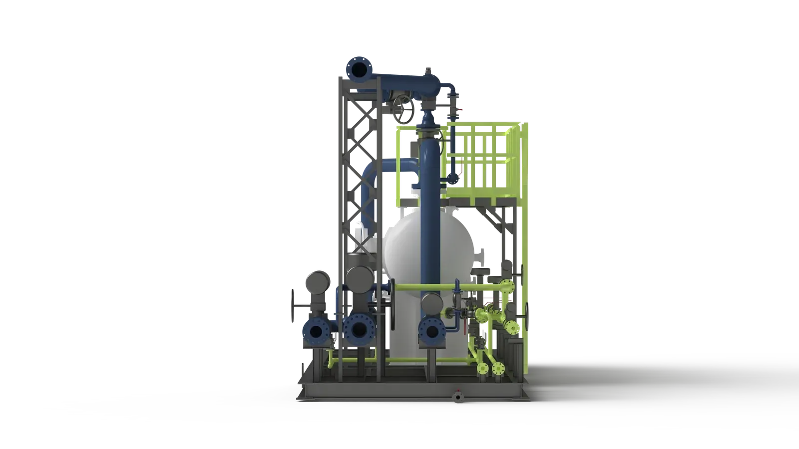 Render 3D del skid separador SK307, vista frontal