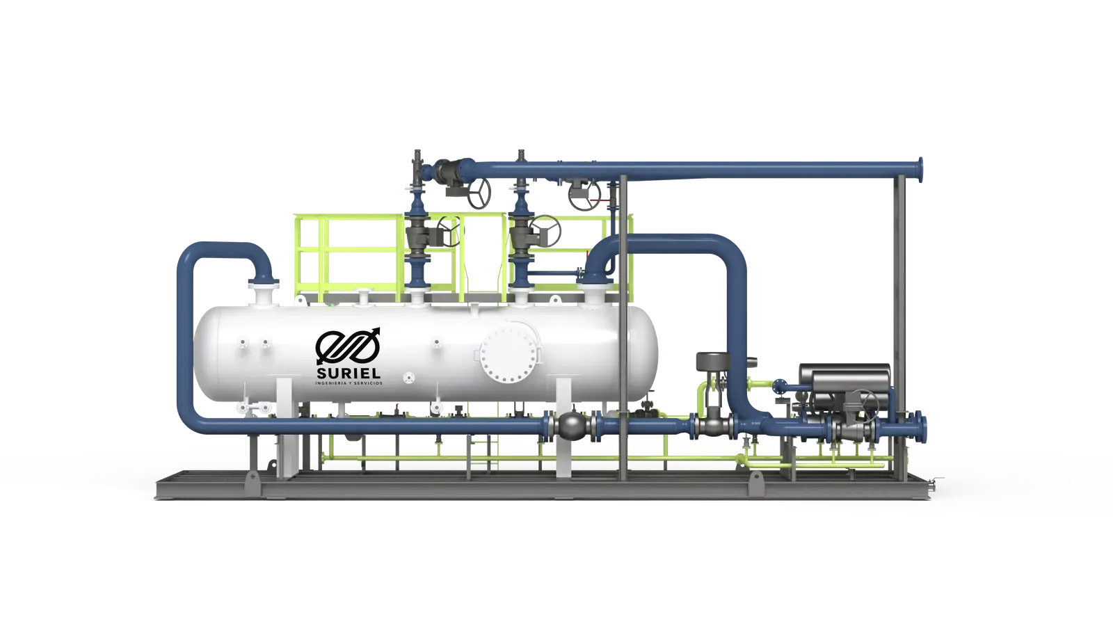 Render 3D del skid separador SK307, vista lateral